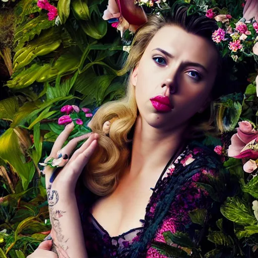 Prompt: Beautiful full-length 20mm mid-distance photograph of Scarlette Johansson in an ornate, lush, exotic Flowerpunk garden, extreme detail, sharp focus, no Depth of Field, clean, clear, sharp, CG society, 3D sculpture, volumetric lighting, cinematic, perfect face, perfect eyes, photorealistic, photograph