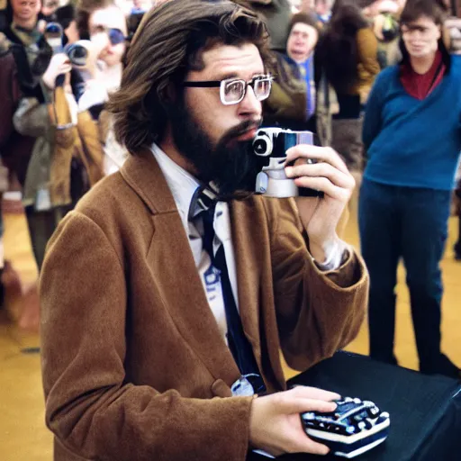 Prompt: a camera footage of a handsome guy with very long brownish! hair, with nerdy glasse in a droid auction in coronet city, kodak portra 4 0 0, 8 k, highly detailed, britt marling style