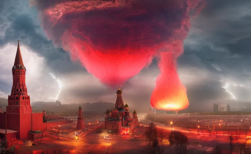 Image similar to ultra realistic picture of a big nuclear explosion with realistic nuclear mushroom in Red Square Kremlin, volumetric lighting, clouds and lightnings, cinematic, extremely high detail, photo realistic, cinematic lighting, post processed, artstation, matte painting, unreal engine 5, 8k