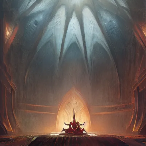 Prompt: Sauron resting in his throne, throne room, oil painting, by Greg Rutkowski