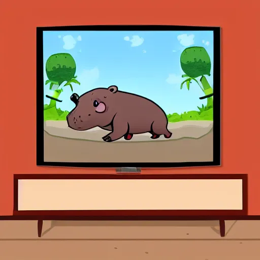 Image similar to a baby hippo lives in a cozy house. it likes to watch tv in the family room. digital art.