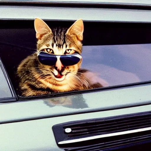 Prompt: cat with sunglasses driving bmw e 3 0 with two female cats hanging out the windows