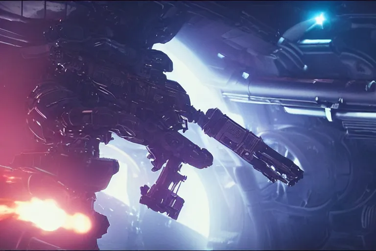 Image similar to VFX movie of a futuristic inhuman alien spacemarines in future spaceship, firing gun at space pirates detailed creature skin neon lighting by Emmanuel Lubezki