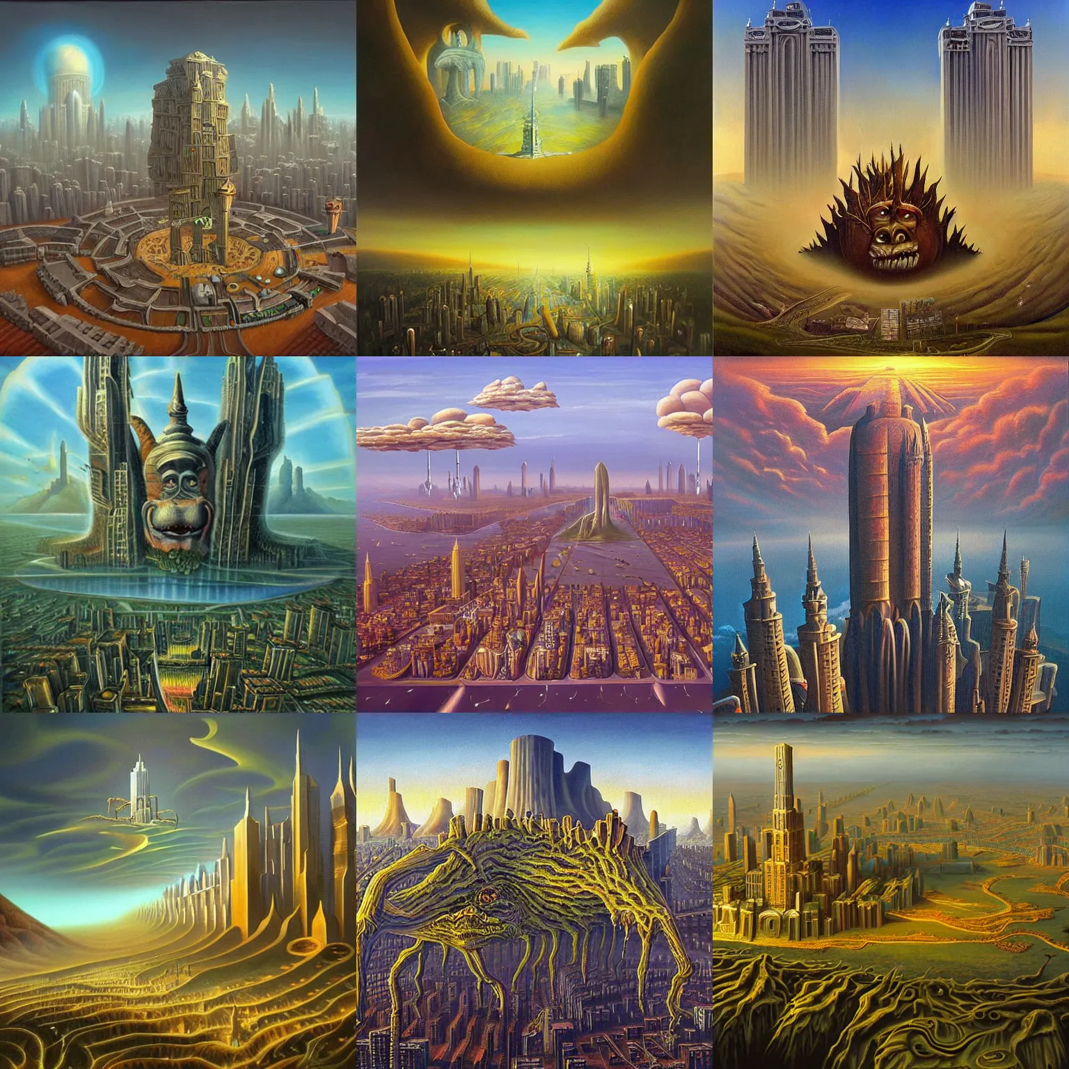 Prompt: A surreal painting of a monster with a city built on it's back , Vladimir Kush