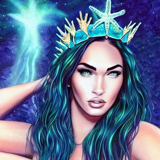 Prompt: “Megan Fox portrait, fantasy, mermaid, cartoon, pearls, glowing hair, shells, gills, crown, water, highlights, starfish, goddess jewelry, realistic, digital art, pastel, magic, fiction, ocean, game”