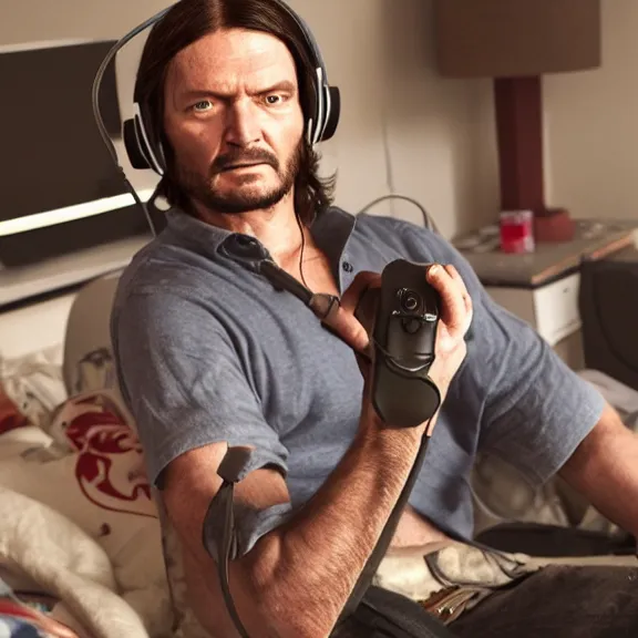 Image similar to john marston in his bedroom, playing pc games with gaming headphones on, photograph