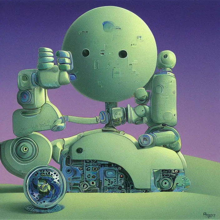 Prompt: quirky robot, extremely detailed, pastel colors, intricate, hard light, flat, illustration, digital painting, by roger dean