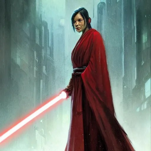 Image similar to portrait of a woman by greg rutkowski, jedi queen, half asian, black bob hair, star wars expanded universe, she is about 5 0 years old, wearing jedi red robes.