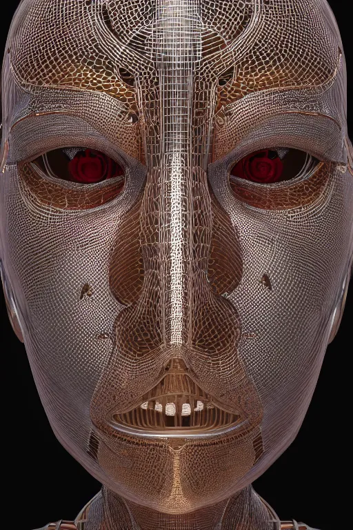 Prompt: intricate 3d render, ultra detailed, of a complex robotic human face, 3 point lighting, blue rim light, silver gold red details, hexagonal mesh wire, filigree intricate details, hyperrealistic, anatomical, cinematic camera angle, fleshy muscalature, elegant, octane render, 8k post-processing