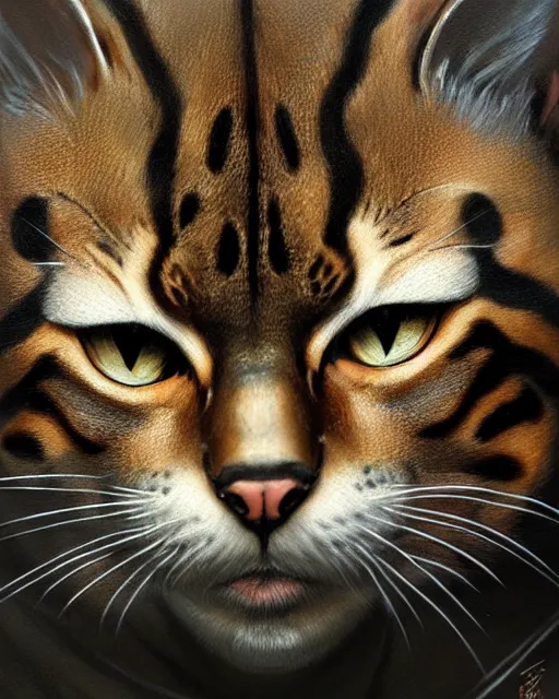 Image similar to bengal cat, character portrait, portrait, close up, concept art, intricate details, highly detailed by greg rutkowski, michael whelan and gustave dore