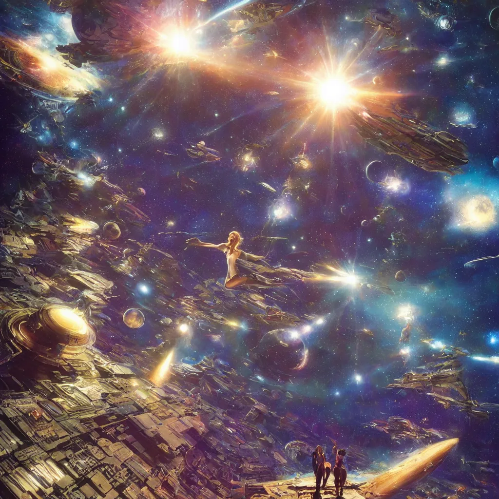 Image similar to the girl in the center looks at space, epic, volumetric light, hyperrealistic, glitter, mega detailed, beautiful composition, beautiful lighting, unreal render, 4 k, vincent di fate, john berkey, michael whelan