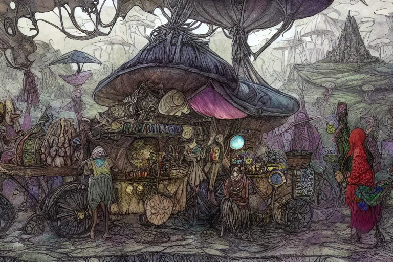 Prompt: caravan of portobello mushroomfolk merchant nomads traveling through a psychedelic landscape, in the style of Greg Broadmore and Arthur Rackham and Moebius, trending on artstation, light lighting side view,digital art,surrealism ,macro,blueprint ,vaporwave ,