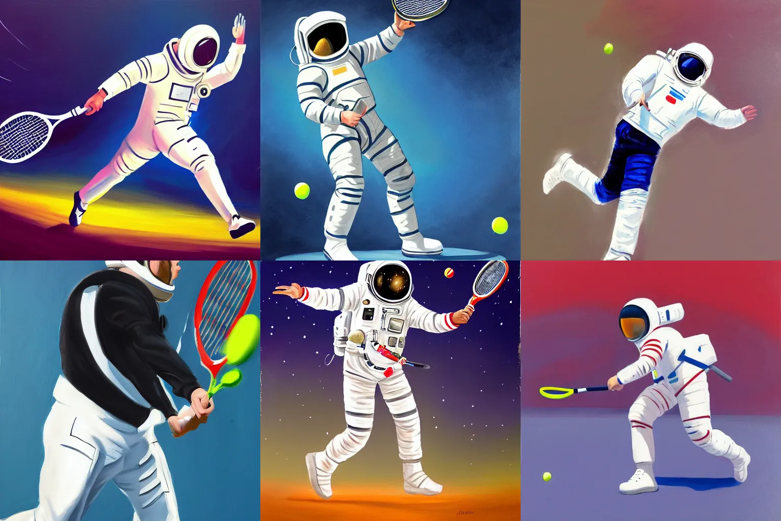 Prompt: painting of an astronaut playing tennis, action shot, trending on Artstation