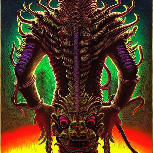 Image similar to back view of barong family member, wiwek, mara demon, one single tribe member, jungle, one single mask, dark, ancient warrior, snake, bull, lizard, alien, dragon, tribal, inner glow, art by dan mumford and justin gerard