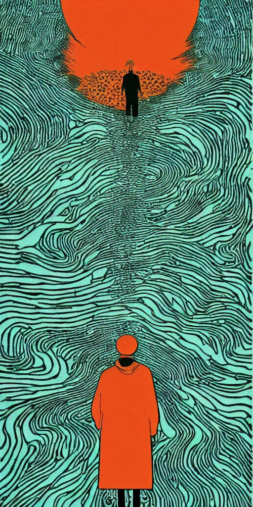 Image similar to eternal sunshine of the spotless mind, film grain, poster, style of 2d retro woodblock, layers of surreal geology, black fine lines on teal , stanley donwood, victo ngai, orthographic Wes Anderson