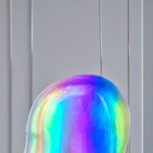 Image similar to an ultra high definition professional studio quality photograph of a transparent iridescent perspex pastel coloured ornate head dress on a white coat hook in an empty white room. dramatic lighting, ray tracing, refraction, shallow d. o. f, colour corrected, golden ratio, three point light. volumetric shadows..