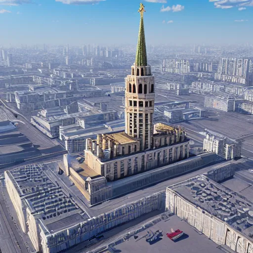 Prompt: moscow state university main building, aerial photography, 4 k, highly detailed art by greg rutkowski, trending on art station, unreal engine