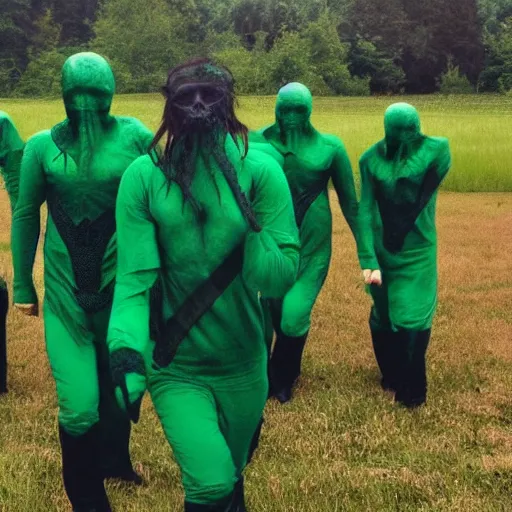 Image similar to the emerald green reapers stand in the meadow, preparing to take souls