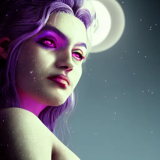 Image similar to portrait of moon witch, beautiful, attractive, glowing, jaw dropping, magical, dynamic lighting, dark, menacing, 4 k octane render, age 2 0