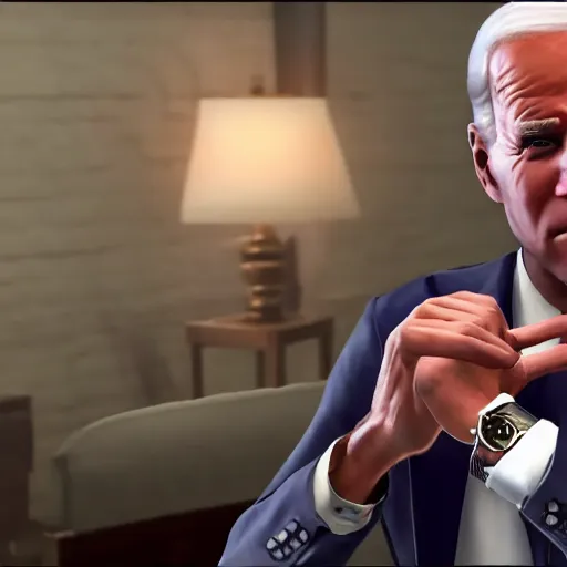 Prompt: gta 6 in unreal engine 5 reveal trailer. joe biden robbing a bank scene