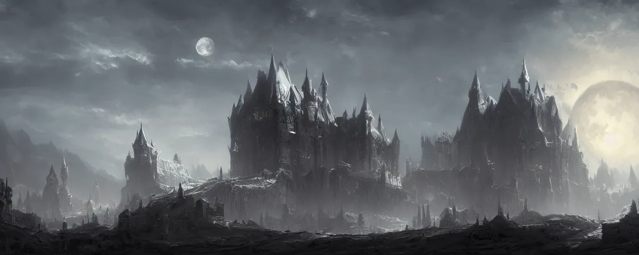 Image similar to Dark majestic fortress under a pale moon, Darek Zabrocki, Karlkka, trending on Artstation, 8K