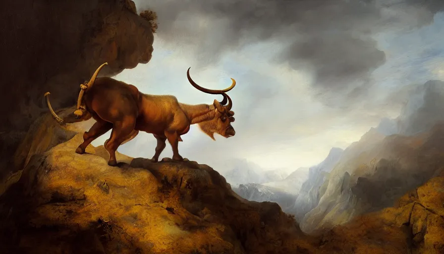 Prompt: hyperrealistic oil painting of a minotaur fitness instructor on a mountain top, detailed, by rembrandt van rijn, anato finnstark!!, 8 k resolution, beautiful lighting, studio light, extremely detailed, establishing shot, realistic materials, hyperrealistic