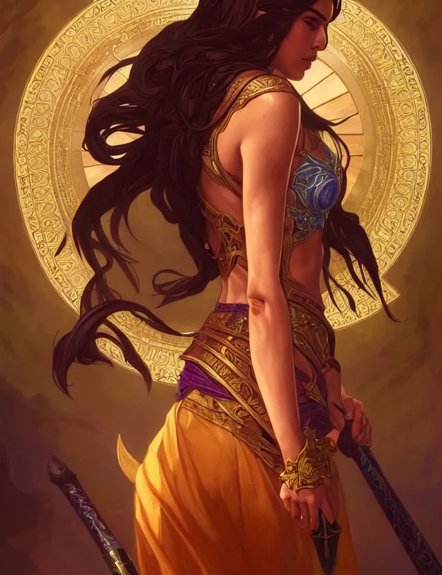 Image similar to symmetry!! intense fanart of a rebeca as a mage warrior as acotar protagonist, magic background, intricate, elegant, highly detailed, my rendition, digital painting, artstation, concept art, smooth, sharp focus, illustration, art by artgerm and greg rutkowski and alphonse mucha