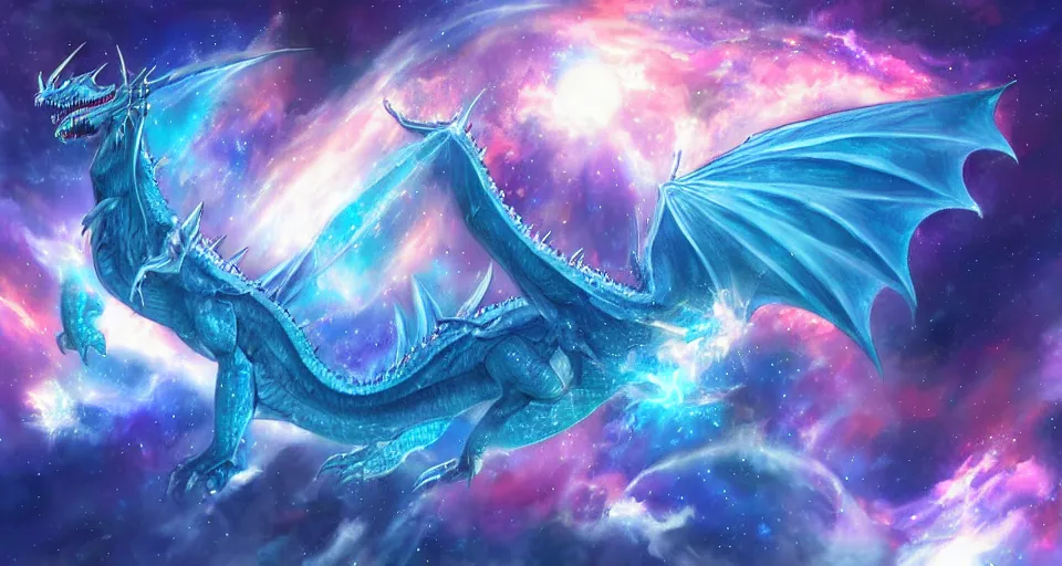 Prompt: large blue dragon flying through nebula, by artgerm