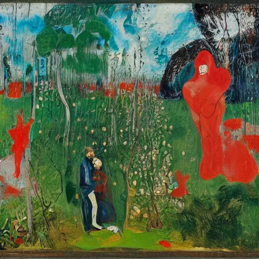 Prompt: a couple in the garden of eden, scared, painted by Asger Jorn, Peter Doig, abstract oil paint with thick brushstrokes of paint, ultra detailed, realistic, small spot of thick melting paint drips all over, 8k