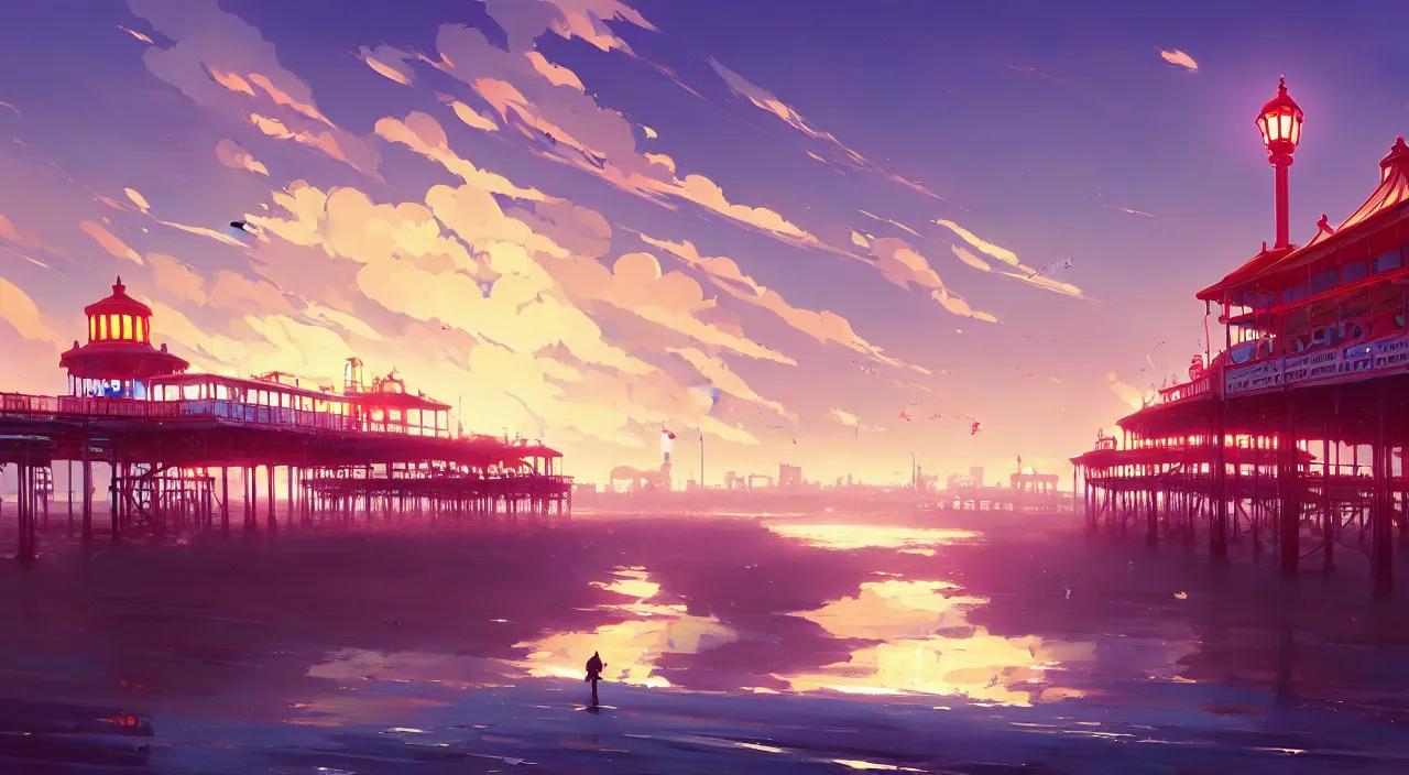 Image similar to The city of Brighton, England, with an old ruined pleasure pier official fanart behance hd by Jesper Ejsing, by RHADS, Makoto Shinkai and Lois van baarle, ilya kuvshinov, rossdraws global illumination