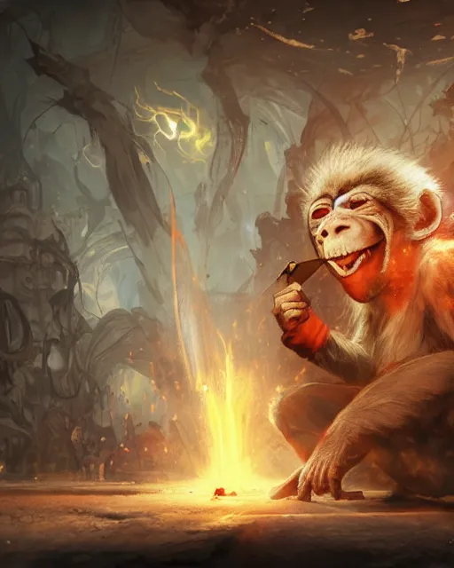 Image similar to Monkey Mad Scientist, laughing, D&D, artstation, fantasy, magic the gathering artwork, cinematic lighting, centered, symmetrical, highly detailed, digital painting, , concept art, smooth, sharp focus, illustration, volumetric lighting, epic Composition, 8k, art by Akihiko Yoshida and Greg Rutkowski and Craig Mullins, oil painting, cgsociety