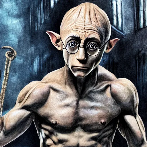 Prompt: harry potter illustration of extremely muscular Dobby flexing, hd 4k