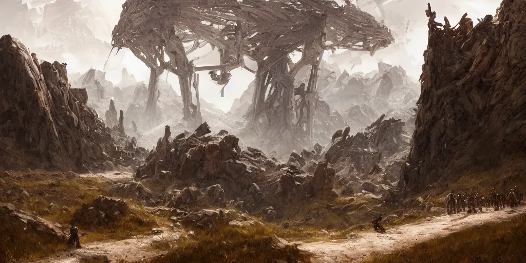 Prompt: 88grzes a single stranger in front of a fissure in ruined broken steel titan colossus laying on his knees field road to star gateway wheel, corps scattered on the ground, snow mountains afar, fine art, artstation, matte painting, masterpiece by vasnetsov