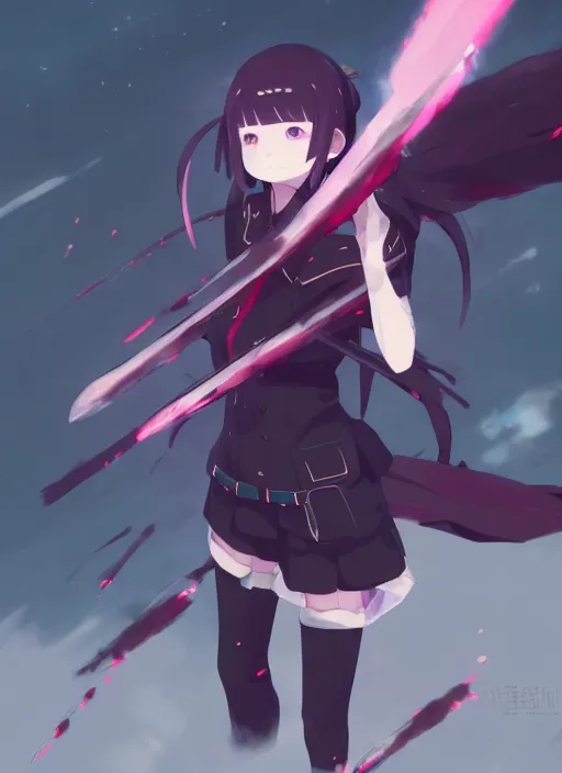 Image similar to homura akemi character, battlefield landscape, illustration concept art anime key visual trending pixiv fanbox by wlop and greg rutkowski and makoto shinkai and studio ghibli and kyoto animation, soldier clothing, cyborg parts, call of duty exoskeleton, grimdark, volumetric lighting, tank turret