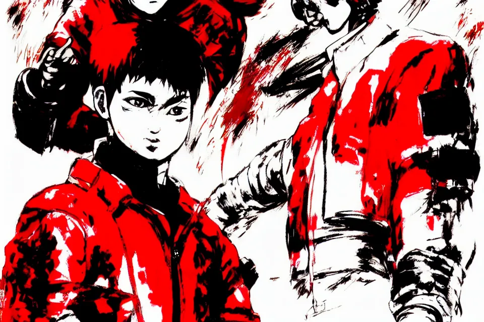 Image similar to a full - body portrait of kaneda from akira in a red jacket, in yoji shinkawa's art style, metal gear solid art style highly detailed, 4 k, artistic, white background, b & w