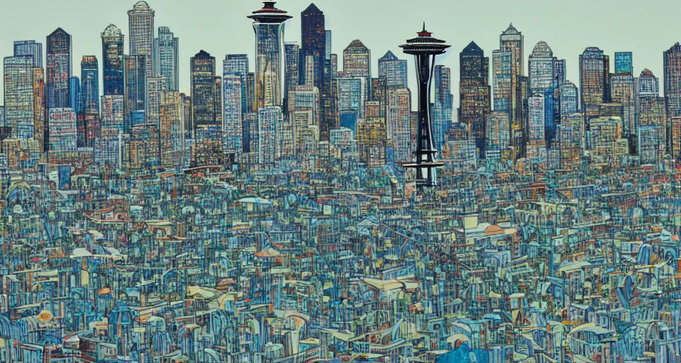 Image similar to Seattle skyline, by james jean