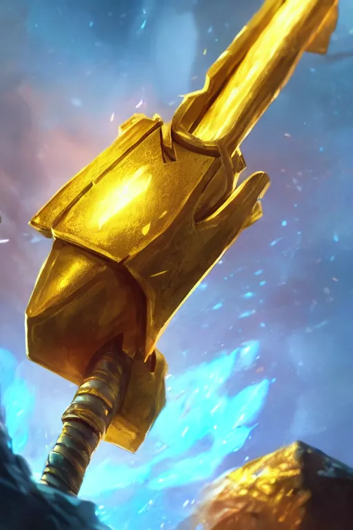 Image similar to a magical golden weapon, d & d, league of legends, concept art, blue background, dramatic lighting. realistic, epic legends, game icon, global illumination, ian pesty