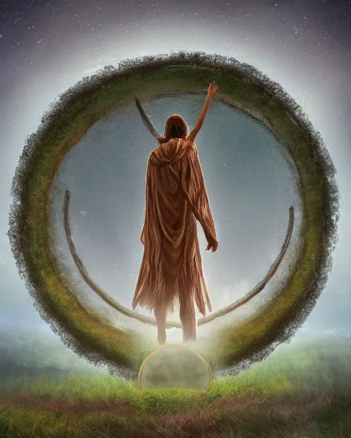 Image similar to a druid standing in a circle at the beginning of the world by greh rutkowski