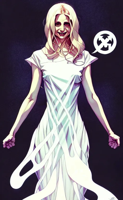 Image similar to artgerm, joshua middleton comic cover art, pretty ghost sarah michelle gellar entire full body, floating, creepy smile, white dress, friendly, symmetrical eyes, symmetrical face, long white hair, inside haunted house