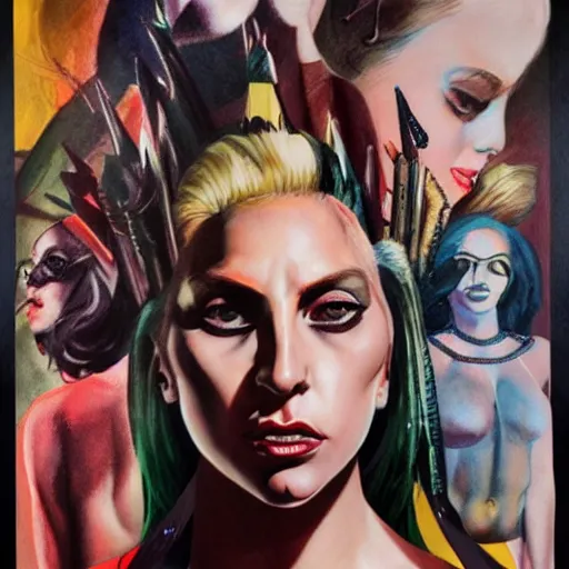 Image similar to detailed details photorealistic pictures lady gaga harley queen full body posse in the style of bob peak and alex ross, gouache and wash paints color, detailed details facial and body and human and environments and proportionate, detailed 5 k details.