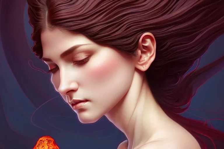 Image similar to symmetry!! portrait of a beautiful stone woman, lava flowing, exotic trees, bare barkintricate, elegant, highly detailed, digital painting, artstation, concept art, smooth, sharp focus, illustration, art by artgerm and ross tran and greg rutkowski and alphonse mucha, 8 k