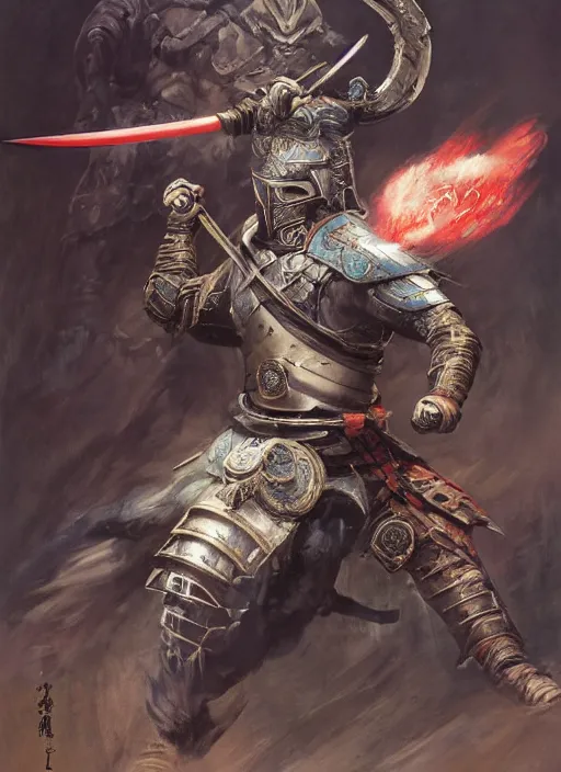 Prompt: A full portrait oil painting of a helmeted and masked Samurai holding a katana above his head an running into battle, japanese god of war armor, by Frank Frazetta, Greg Rutkowski, Boris Vallejo, epic fantasy character art, Exquisite detail, post-processing, low angle, masterpiece, cinematic, lightning