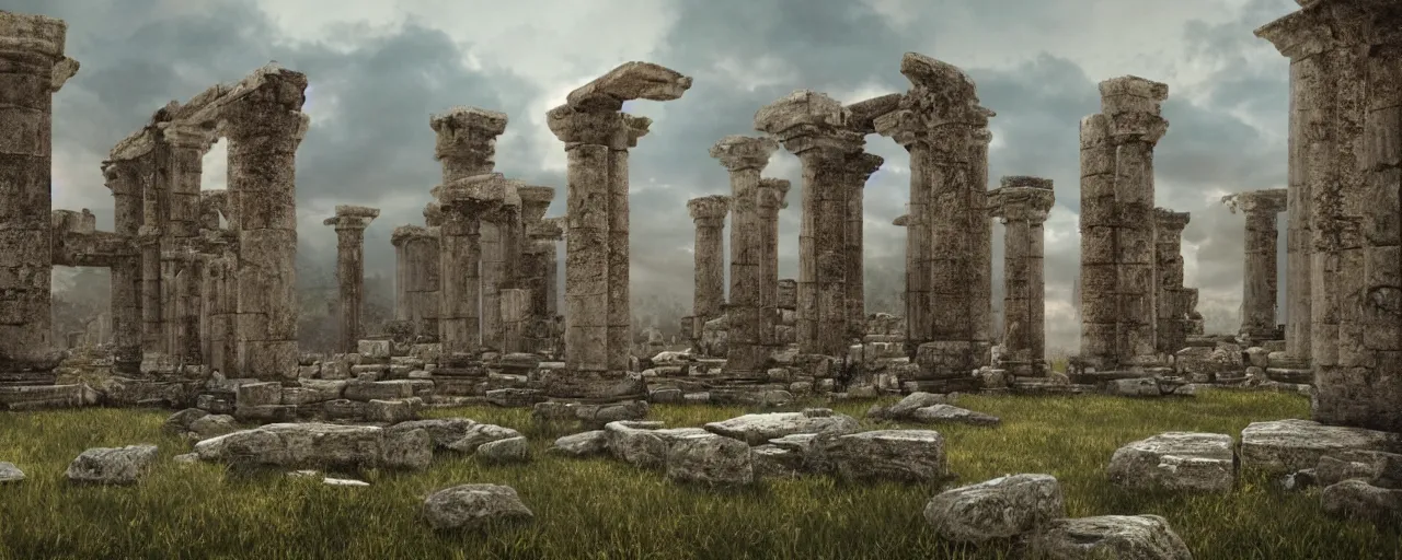 Image similar to an ancient ruined temple of the old Pagan Gods, 8k hyper realistic, Photorealistic, rendered by Octane