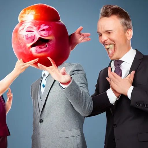 Prompt: hilarious stock photo of a radish with a face wearing a suit on a man's body, high fiving another person's face