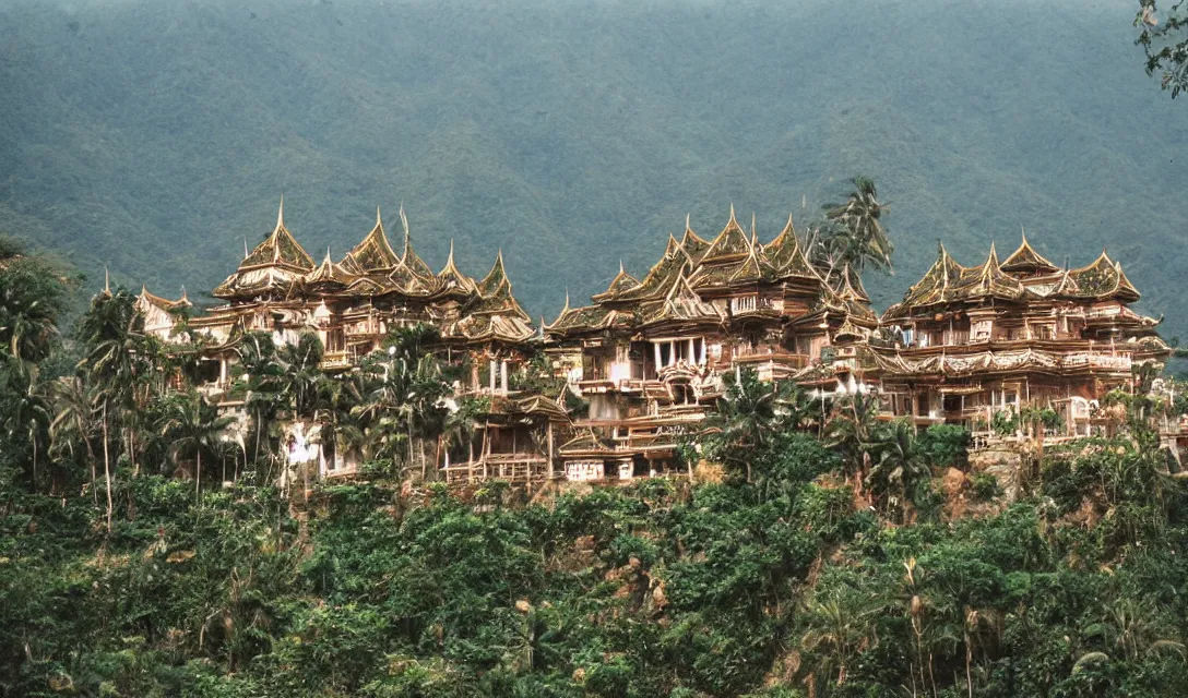 Prompt: Giant sprawling fantasy Filipino palace with lots of ornamentation in the mountains from a distance, photograph 35mm lens