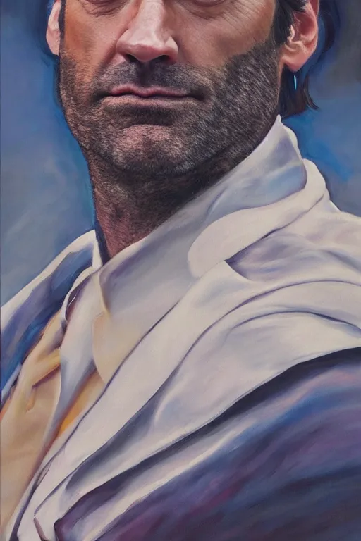 Image similar to hyperrealism oil painting, close - up portrait of jon hamm, knight, steel gradient mixed with nebula sky, in style of baroque