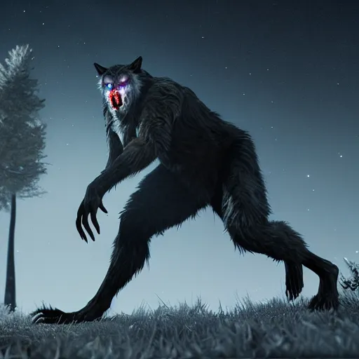 Prompt: young man transforming into a feral werewolf under the moon with black soft realistic fur, ultra detail, unreal engine, 8 k, ssao