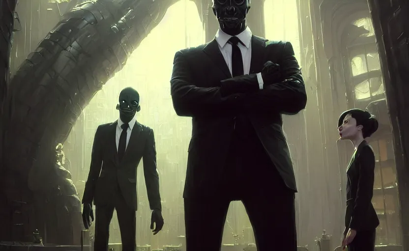 Image similar to highly detailed portrait of men in black, in resident alien, stephen bliss, unreal engine, fantasy art by greg rutkowski, loish, rhads, ferdinand knab, makoto shinkai and lois van baarle, ilya kuvshinov, rossdraws, tom bagshaw, global illumination, radiant light, detailed and intricate environment