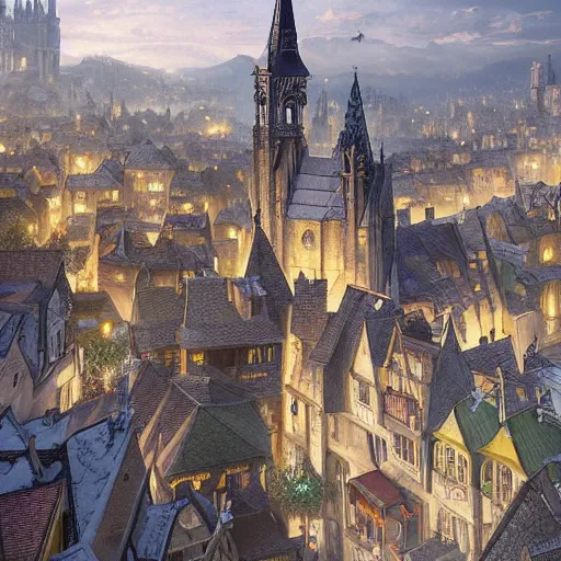 Image similar to an ultra detailed matte painting of the quaint town of galic, grid shaped city cobblestone streets, fantasy city, light snowfall, wind, inspiring gothic architecture, ultrawide lense, aerial photography, unreal engine, exquisite detail, 8 k, art by greg rutkowski and alphonse mucha