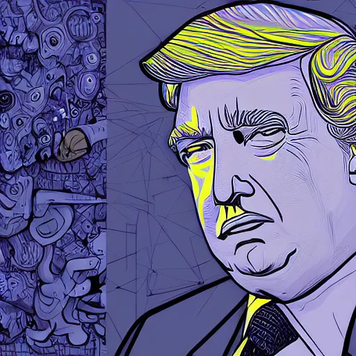 Image similar to the portrait donald trump, an ultrafine detailed illustration by james jean, intricate linework, bright colors, behance contest winner, vanitas, angular, altermodern, unreal engine 5 highly rendered, global illumination, radiant light, detailed and intricate environment